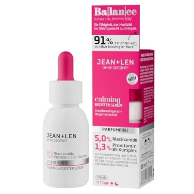 Immagine di Jean &amp; Len Calming Booster Serum, ideale per tutti i tipi di pelle, fornisce un&#039;idratazione lenitiva, assicura un colorito più uniforme, senza profumo, vegan, 30 ml