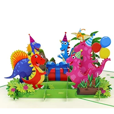 Immagine di MOKIO® Biglietto Auguri Pop Up per bambini Buon Compleanno Dinosauri Party con regalo e palloncini 3D un compleanno, pieghevole busta