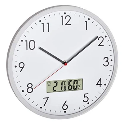 Immagine di TFA Dostmann, 60.3048.02 Orologio analogico da parete con termometro digitale e igrometro per il controllo del clima della stanza, vetro trasparente, Ø 302 (bianco batterie)