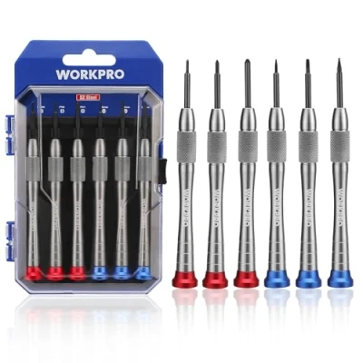 Immagine di WORKPRO Set di Cacciaviti Precisione Magnetici da 6 Pezzi, in Lega Alluminio, con Custodia Sospesa, Ideale per Riparazioni Occhiali, Orologi e Progetti Fai Te