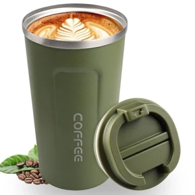 Immagine di Lrocotanc Tazza Termica Caffè in Acciaio Inox Mug da Viaggio Bicchieri con Coperchio Ideali per l&#039;Uso Fuori Casa Ecologici una Capacità di 380 ml (verde)