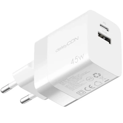Immagine di deleyCON Caricabatterie USB A e C (2 Porte Caricatore Rapido Compatto 45W) Alimentatore per iPhone 16/15/14/13 Galaxy S24/S23 Cellulari Pixel iPad Tablet Laptop Notebook Bianco
