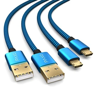 Immagine di 2x cavo di ricarica da 4 m per controller PS4, micro USB, nylon, rivestimento in tessuto, spina alluminio, blu nero