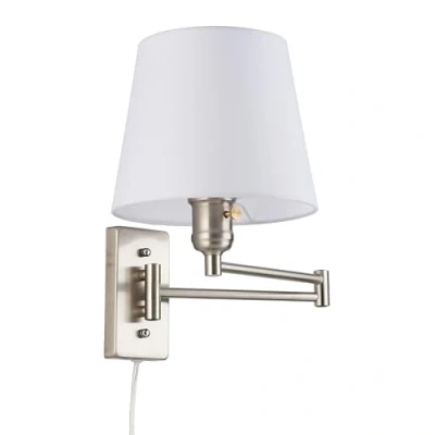 Immagine di B·LED BARCELONA LED BarcelonaLED Lampada da parete moderna nordica cromata con braccio snodato, spina, cavo e interruttore, paralume in tessuto bianco, attacco E27, per lettura, camera letto,
