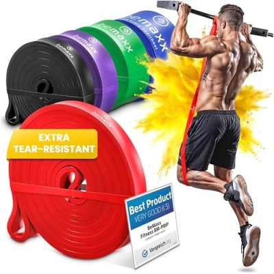 Immagine di Banda Elastica di Resistenza + Programma Allenamento Fasce Elastiche Aiuto per Pull Up Allenamento, Allungamento, Ginnastica Palestra, Yoga, Pilates Versatili, Duraturi, Resistenti