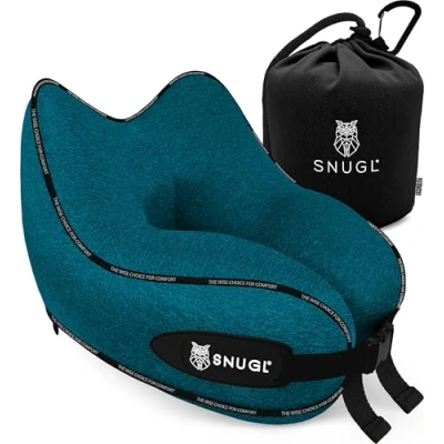 Immagine di SNUGL cuscino cervicale in memory foam, lavabile e regolabile, morbido da viaggio per aereo, auto viaggio, cervicale, (turchese, adulto