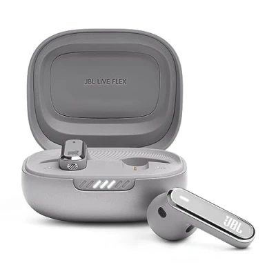 Immagine di JBL Live Flex Auricolari Wireless Bluetooth, Design Open Ear Resistente ad Acqua e Polvere IP54, Cancellazione Adattiva del Rumore, 6 Microfoni, Surround, fino a 40 h di Autonomia, Argento