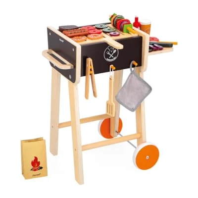 Immagine di Janod Barbecue in Legno Giocattolo di Imitazione Cucina e Servizio da Tavola per Bambini 57 Accessori Inclusi 2 Ruote Silenziose Dai 3 Anni, J06619