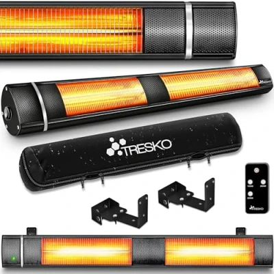Immagine di TRESKO Stufa a Infrarossi 3000W con Telecomando Riscaldatore Elettrico Patio 3 Livelli di Calore Interno &amp; Esterno Parete al Quarzo (Nero)