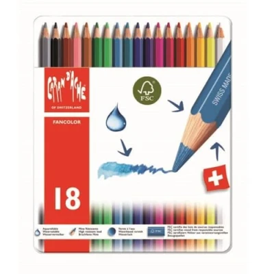 Immagine di Caran D&#039;Ache Fancolor Scatola in metallo con 18 Matite colorate acquerellabili, colori assortiti