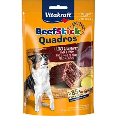 Immagine di Vitakraft Beef Stick Quadros, leccornie per Cane, con tanta Carne, fegato e Patate, premiare coccolare, Senza l&#039;aggiunta di zuccheri Cereali (1x 70g)