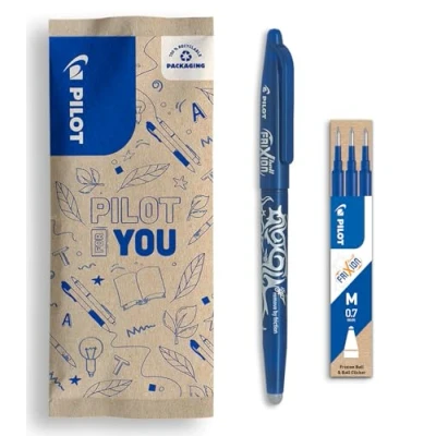 Immagine di PILOT Confezione da 1 Frixion Ball + set di 3 ricariche Penna cancellabile con inchiostro termosensibile roller ricaricabile realizzata in plastica riciclata Blu Punta media