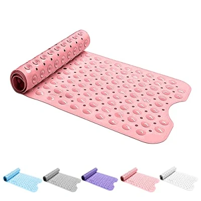 Immagine di tappetino da bagno antiscivolo, anti muffa, 100 x 40 cm, doccia extra large con ventose e fori di scarico, in gomma per vasca bagno, lavabile lavatrice (rosa solido)