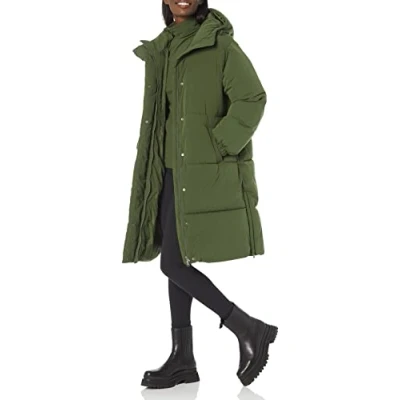 Immagine di Amazon Essentials Piumino Lungo con Cappuccio Oversize (Disponibile in Taglie Forti) Donna, Verde Oliva Scuro, S