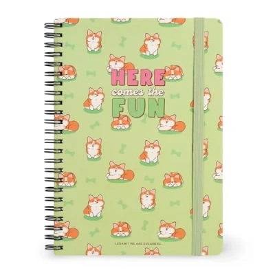 Immagine di Legami Quaderno Spiralato a Righe 7 mm, Corgi, Formato A5, Large, in Carta FSC Certificata, Contiene 1 Foglio di Adesivi, 160 Pagine, Chiusura con Elastico, 15 x 21 cm