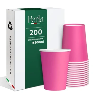Immagine di Perla, 200 Bicchieri di Carta da ml, Bicchiere Monouso Biodegradabile Ecologico, Adatto per Bevande Fredde e Calde, Acqua usa getta (Fucsia)
