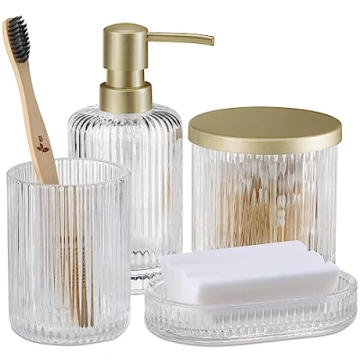 Immagine di Navaris Set 4X Accessori Bagno Bicchiere Porta Spazzolino e Saponetta Dispenser Sapone Contenitore Dischetti Struccanti Cotton Fioc Oro