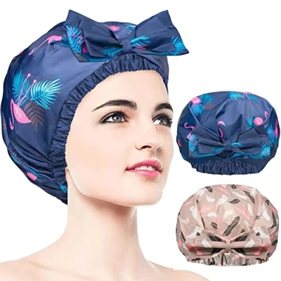 Immagine di 2 Pezzi Cuffia Doccia, Riutilizzabile &amp; Extra Large, Regolabili e a Doppio Strato Impermeabili, con nodo Fiocco, Per Donna, Esterno Impermeabile Fodera In Eva, Spa, Trucco