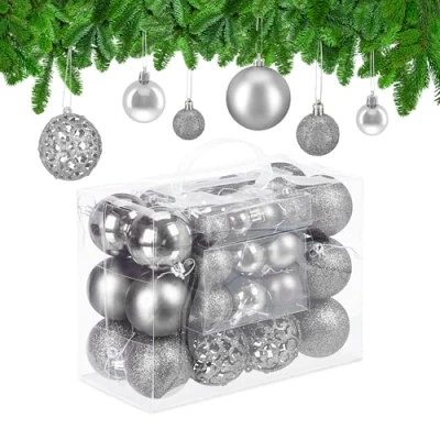 Immagine di Relaxdays Palline di Natale, Set da 50, Addobbi Natalizi, Opache, Lucide, Glitterate, ∅ 3,4 e 6 cm, Decorazioni, Argento