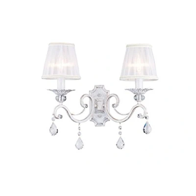 Immagine di MAYTONI DECORATIVE LIGHTING Elegante Lampada da Parete, Applique Doppio, 2 luci, Vintage, Shabby Chic, Base in Metallo Bianco, Paralume Stoffa Bianca, per lampadine E14 40w non incl