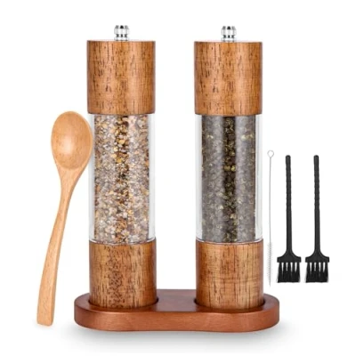 Immagine di 2pcs Set Macina Sale e Pepe con Vassoio per Macinino, Macinapepe Regolabile, Manuale, Legno Massiccio, Sale, Macinare Varie Spezie