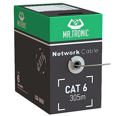 Immagine di Mr. Tronic Cavo Ethernet Cat 6 da 305m Bulk, di Rete LAN ad Alta Velocità Per Connessione Internet Veloce 1 Gbps 250 MHz AWG24 Sfuso UTP CCA (305 Metri, Grigio)