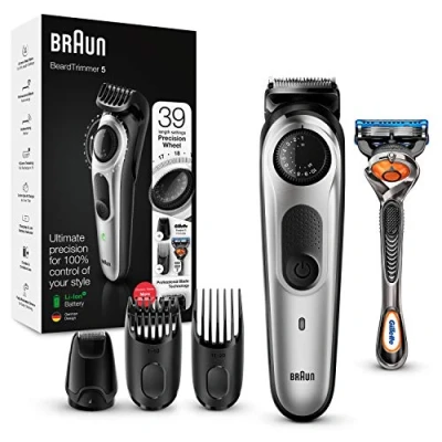 Immagine di Regolabarba Braun BT5265 per viso e capelli, nero/argento con quadrante di precisione rasoio Gillette Fusion5 ProGlide,