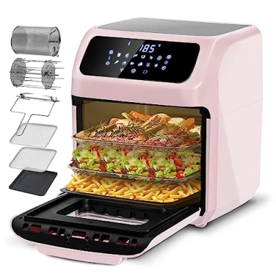 Immagine di LLIVEKIT Forno ad Aria da 12L, Friggitrice Calda Senza Olio con 12 Programmi Preimpostati, Mini Timer di 90min, Inclusi Ricettario e 6 Accessori, 1800W, Rosa