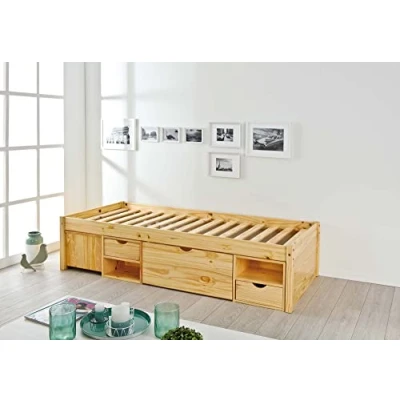 Immagine di Inter Link Letto singolo Multifunzione Con contenitore funzionale comodino 3 cassetti 2 nicchie Legno massiccio base Naturale Claas 90 x 200 cm