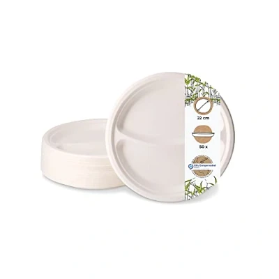 Immagine di GREENBOX 50 piatti per menu di canna da zucchero con 2 camere, ciotole bagassa suddivisione a prova grasso e impermeabile, stoviglie compostabili, vaschette menu, Ø 22 cm, confezione