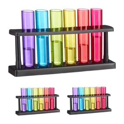 Immagine di Relaxdays Set Bicchieri Shot, 18 Bicchierini a Forma di Provetta per Shottini, con 3 Supporti, 40 ml, Plastica, Colorati