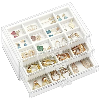 Immagine di ProCase organizer per gioielli in acrilico, trasparente gioielli, con 3 cassetti, orecchini, collane, anelli, la casa Bianco caldo