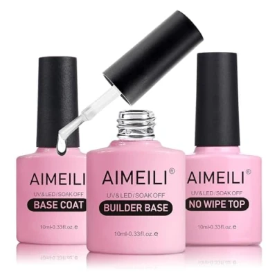 Immagine di AIMEILI Base Coat, No Wipe Top Coat e 7 in 1 Mulfunzionale Clear Builder Gel Kit Semipermanente Smalto per Unghie UV LED Soak Off Manicure, 3x10ml