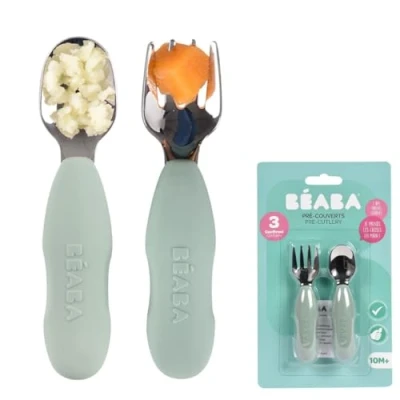 Immagine di BEABA, Set di 2 Posate in acciaio inox e silicone, per bambini, A partire da 10 mesi, Forma ergonomica, Impugnatura l&#039;apprendimento, Verde salvia