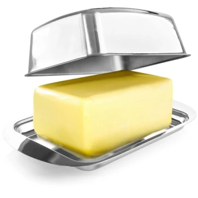 Immagine di com four® Burriera in Acciaio Inossidabile Grande con Coperchio Contenitore per Burro Lavabile Lavastoviglie (Color Argento Molto Lucido)
