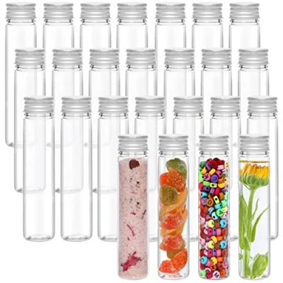 Immagine di Kurtzy Provette Plastica con Tappo a Vite e Spazzola Pulizia (x25) 75 ml Boccette di Trasparenti Riutilizzabili Bomboniere Portaconfetti Caramelle per Feste, Sali, Perle, Fiori