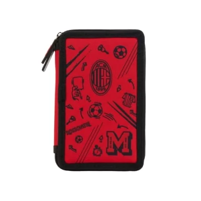 Immagine di A.C. Milan Astuccio con 3 Scomparti e Materiali Inclusi all&#039;Interno, Porta Penne Matite, Prodotto Ufficiale, Rosso