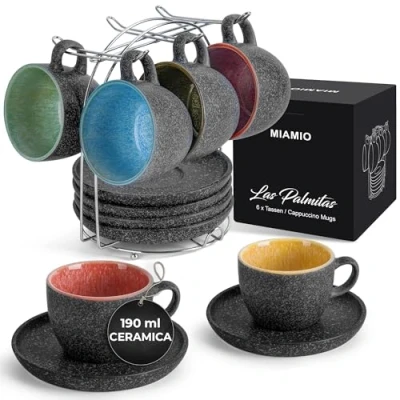 Immagine di MIAMIO Tazza per cappuccino impilabile in ceramica da 190 ml con piattini e supporto metallo Set di 6 tazze gres bevande speciali a base caffè Collezione Las Palmitas