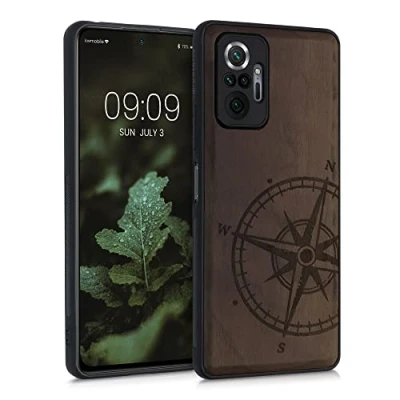 Immagine di kwmobile Custodia Compatibile con Xiaomi Redmi Note 10 Pro Cover Back Case in Legno Bumper Silicone TPU Bussola vintage marrone scuro