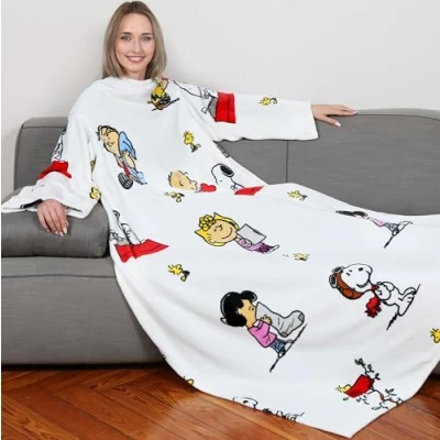 Immagine di Coperta maniche SNOOPY PEANUTS BIANCO, soffice plaid in pile, Microfibra con tasca centrale, Singolo, 180x140cm, donna, divano o letto