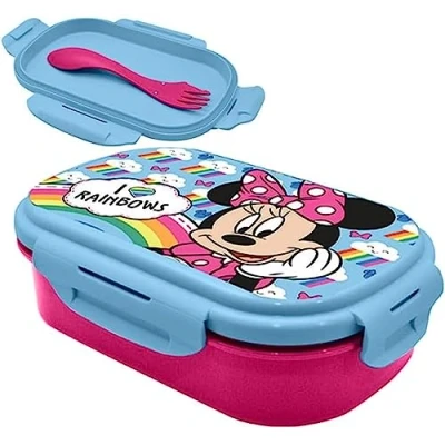 Immagine di Minnie Mouse Contenitore per il pranzo rettangolare con forchetta, a due scomparti, prova di perdite, adatto al microonde e senza BPA, bambini dai 3 anni in su, dimensioni: 21 cm