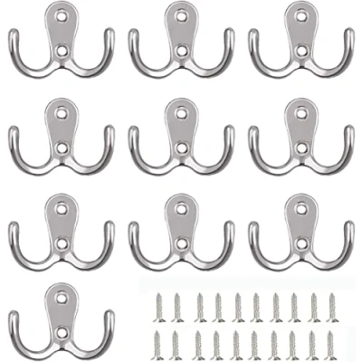 Immagine di iTYOOS 10 Ganci Doppi per Accappatoio, Ganci, Appendiabiti da Parete Doppio Vintage, Bagno, Camera Letto, Porta, con Viti (Argento)
