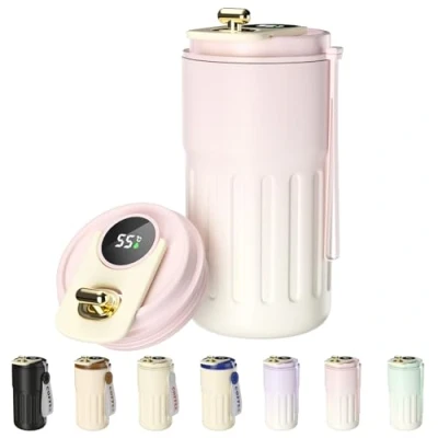 Immagine di Homealexa Tazza da Caffè con Display Digitale, 410 ml, 316 in Acciaio Inox, Viaggio, Isolata, a Prova di Perdite, Coperchio per (Rosa sfumato)
