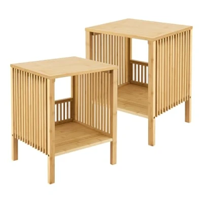 Immagine di [en.casa] Set di 2 Comodini in Bambù Tavolino da Divano con Scomparto Struttura a Griglia Laterale 50 x 38,5 33 cm color Naturale