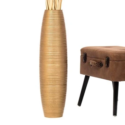 Immagine di Leewadee Grande Vaso Da Terra: Alto Stile Boho In Legno Di Mango Per Rami Pampa, 70 cm, Oro