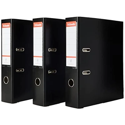 Immagine di Esselte D75 Essentials, Set di 3 Raccoglitori a Leva Formato A4, Nero, in Plastica e con Carta Certificata FSC, Dorso da 7,5 cm, Senza Custodia, 624294
