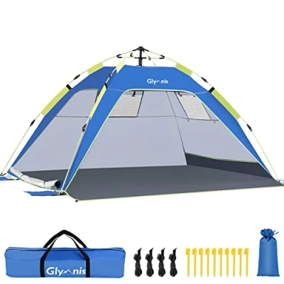 Immagine di Glymnis Tenda da Spiaggia Quick up Istantanea Portatile Protezione Solare UPF 50+ per 3 4 Persone, Dimensione di 215 x 150 115cm con 2 Finestre a Maglie e Porte