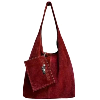 Immagine di Modarno borsa a tracolla da donna in pelle scamosciata pochette, tracolla, shopper, donna, vera (Bordeaux)
