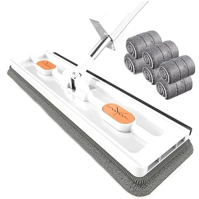 Immagine di Large Flat Mop,mop Lavapavimenti,mocio Con Manico Lungo In Acciaio Inossidabile,Rotating Microfiber Mop with Dewatering Scraper