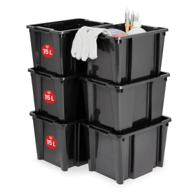 Immagine di Iris Ohyama, Scatola portaoggetti in plastica, garage 45L, Lotto di 6, HB 15, Nero, Impilabile, Senza coperchio L35 x P26,5 A22 cm